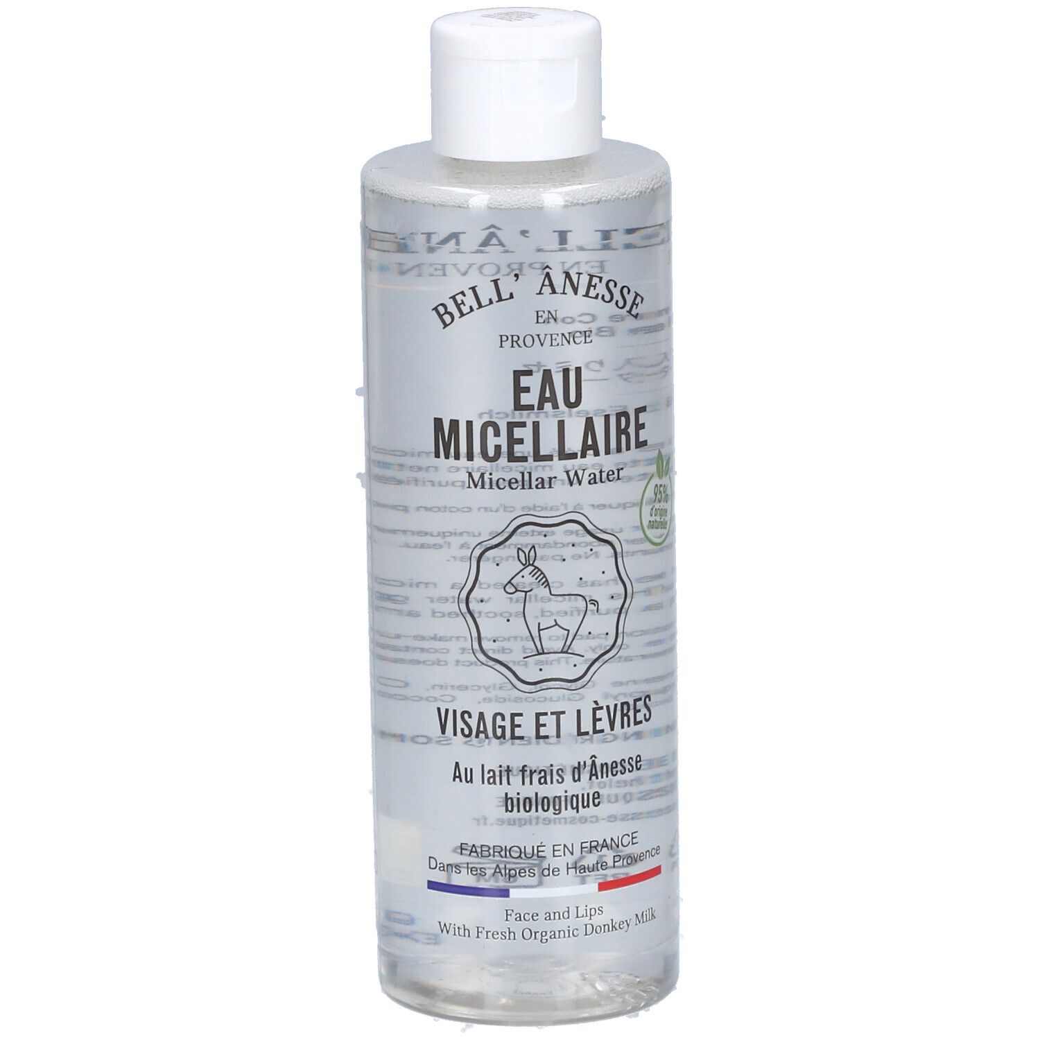 Transparante fles met witte dop. Opschrift: Bell'Anesse Bio Eau Micellaire. Voor gezicht en lippen. Met biologische ezelinnenmelk.