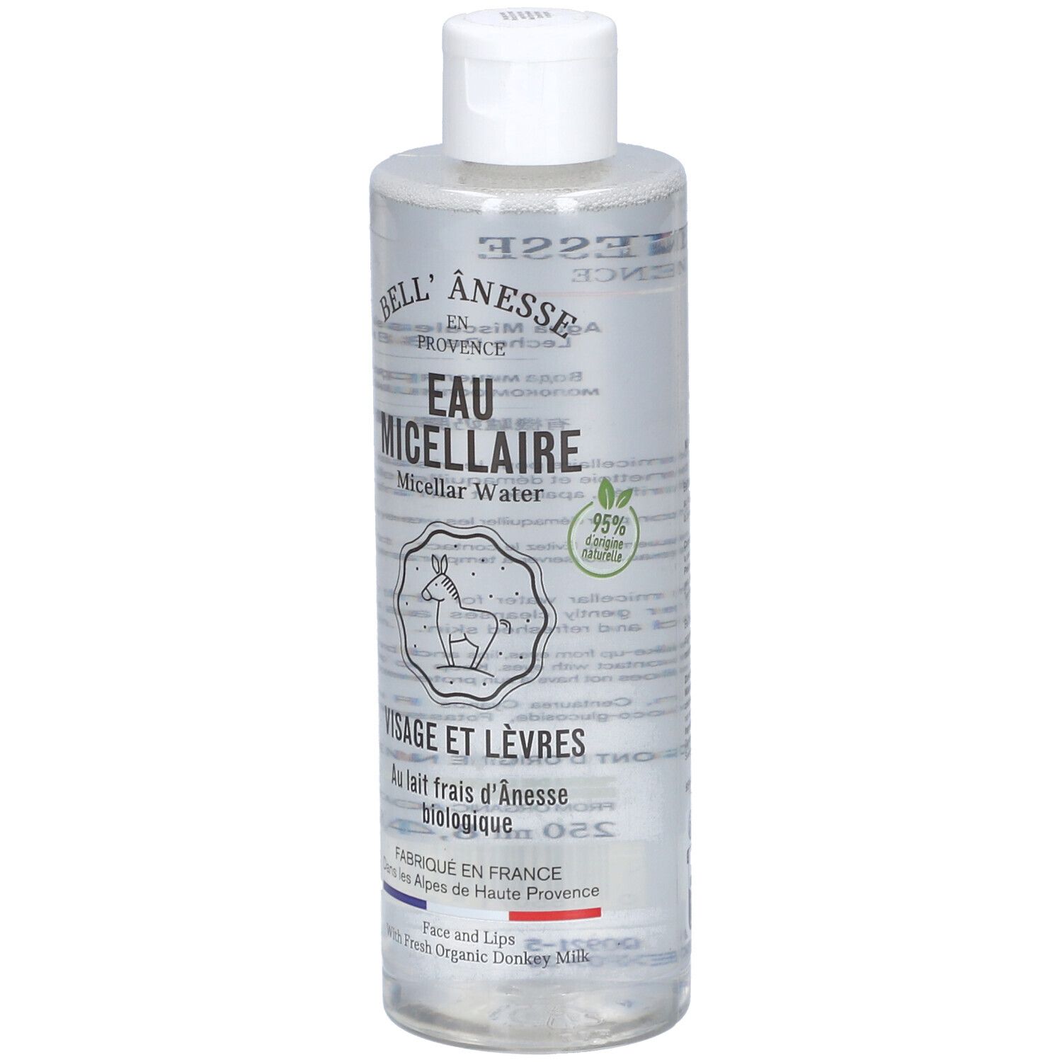 Transparante fles met witte dop. Opschrift: Bell'Anesse Bio Eau Micellaire. Voor gezicht en lippen. Met biologische ezelinnenmelk.