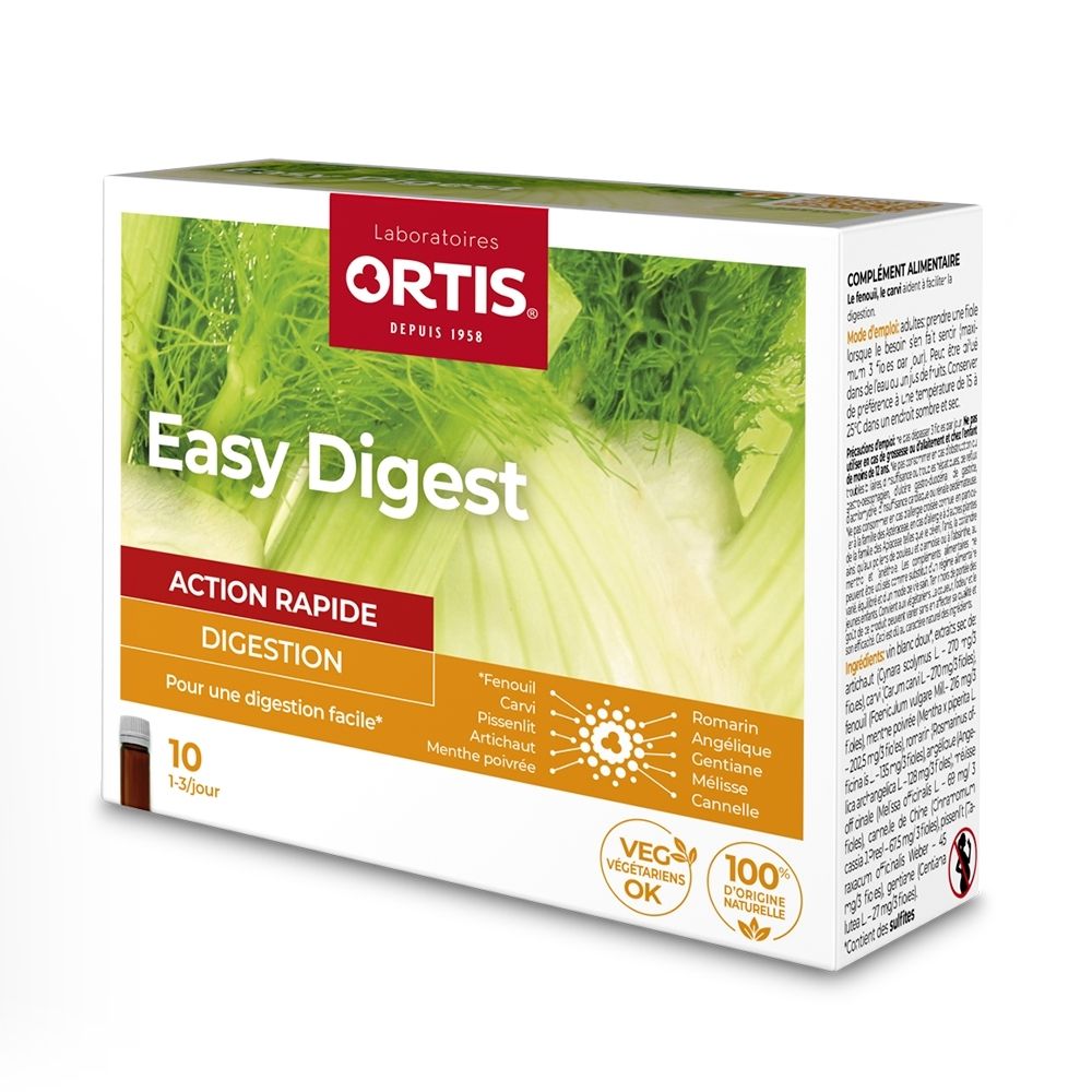 Boîte Ortis Easy Digest, motif fenouil, 10 ampoules, digestion rapide.
