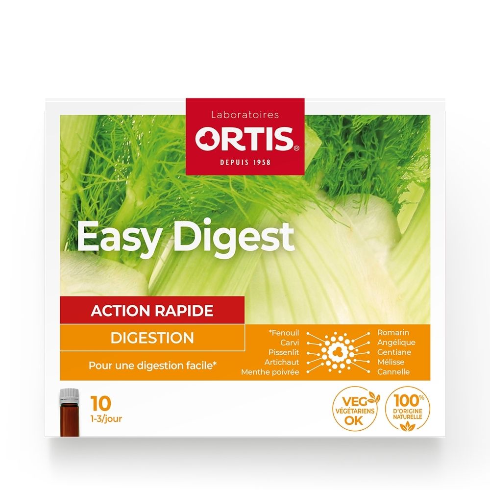 Boîte Ortis Easy Digest, verso avec instructions d'utilisation et ingrédients.