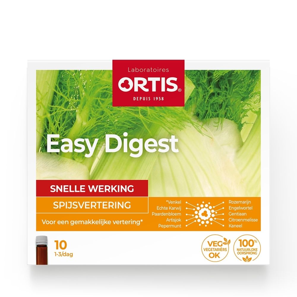 Ortis Easy Digest verpakking, achterkant met gebruiksaanwijzing en ingrediënten.