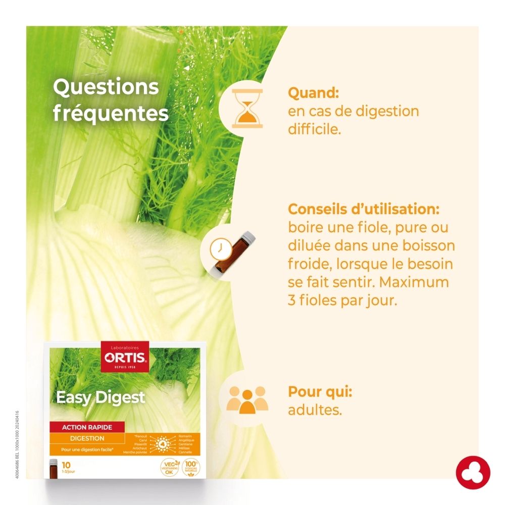 Boîte Ortis Easy Digest, verso avec instructions d'utilisation et ingrédients.