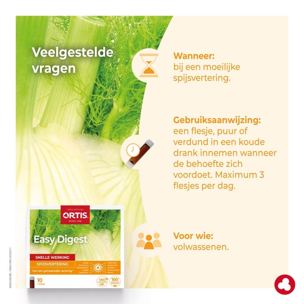 Ortis Easy Digest verpakking, achterkant met gebruiksaanwijzing en ingrediënten.