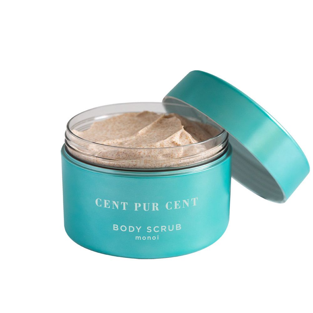 Open turquoise pot met bodyscrub. Opschrift: CENT PUR CENT BODY SCRUB monoi.