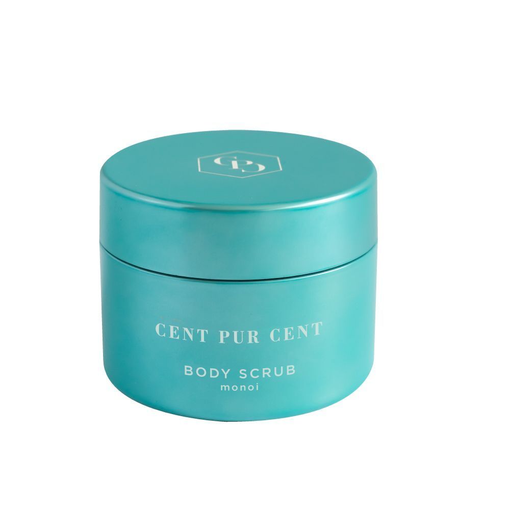 Turquoise pot met deksel. Opschrift: CENT PUR CENT BODY SCRUB monoi.