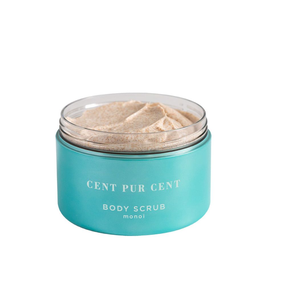 Open turquoise pot met bodyscrub. Opschrift: CENT PUR CENT BODY SCRUB monoi.