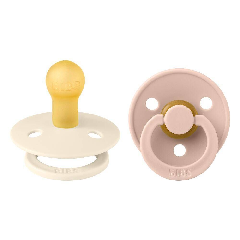 Twee fopspenen. Ivoor en roze. Ronde vorm. Gele speen. Merk BIBS.