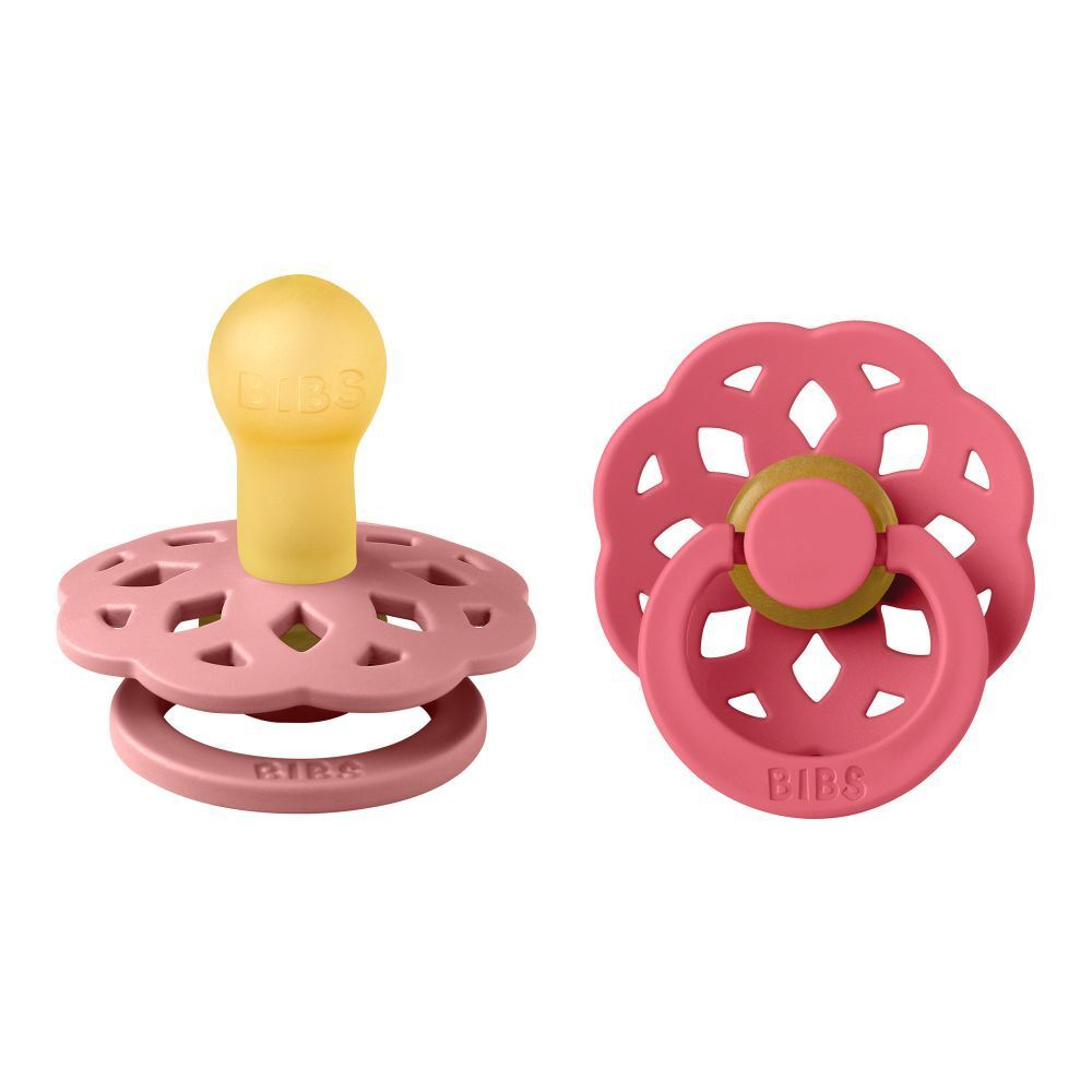 Twee BIBS Boheme spenen. Dusty roze en Koraal. Ronde vorm, siliconen speen, schild met gaten.