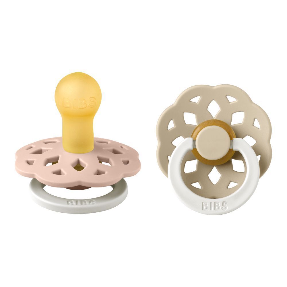 Twee fopspenen. Merk BIBS. Gele speen, roze en beige schild. Geperforeerd patroon. Witte ring.