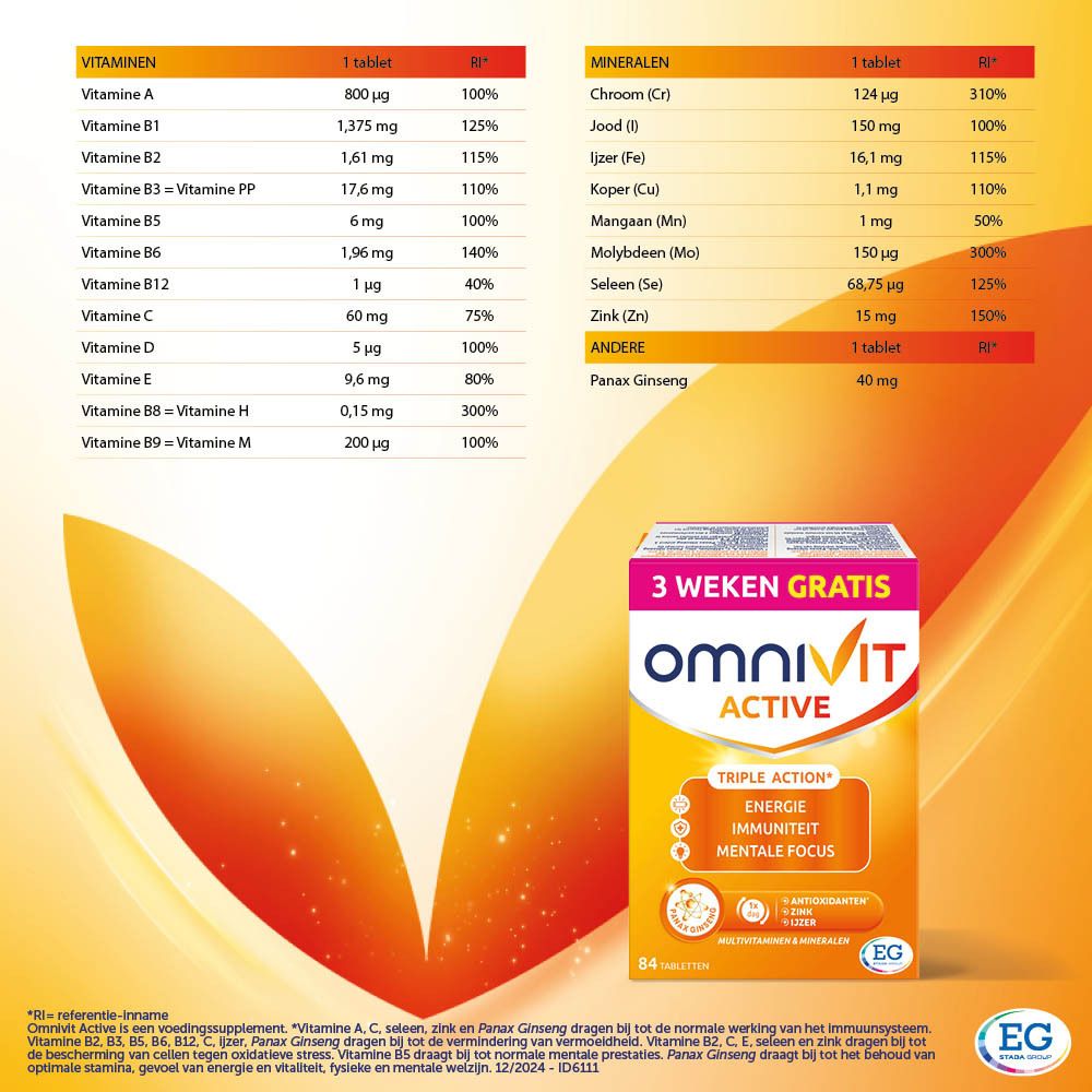 Omnivit Active doos met voedingsinformatie. 3 weken gratis. Oranje-geel design. Vitaminen en mineralen.