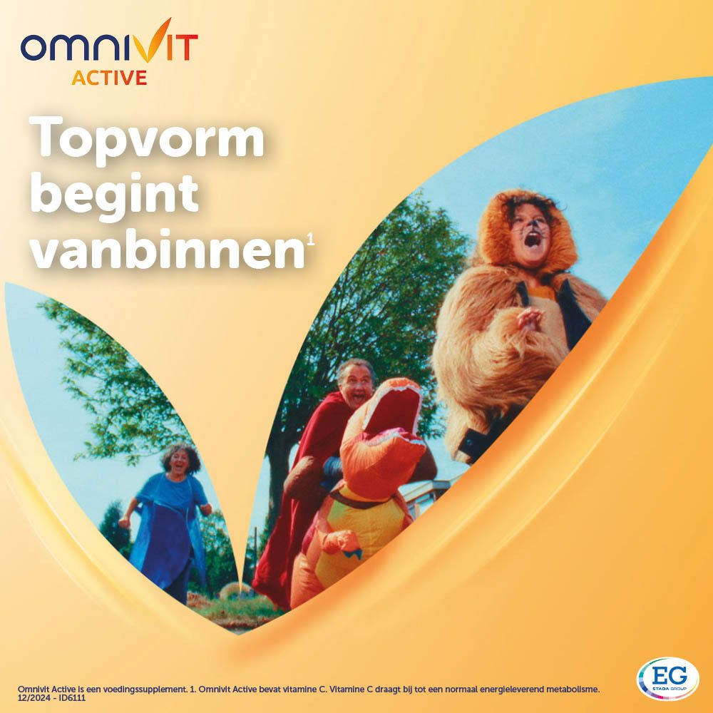 Omnivit Active doos met tablet. 84 tabletten. Opschrift: 3 weken gratis. Oranje-geel design.