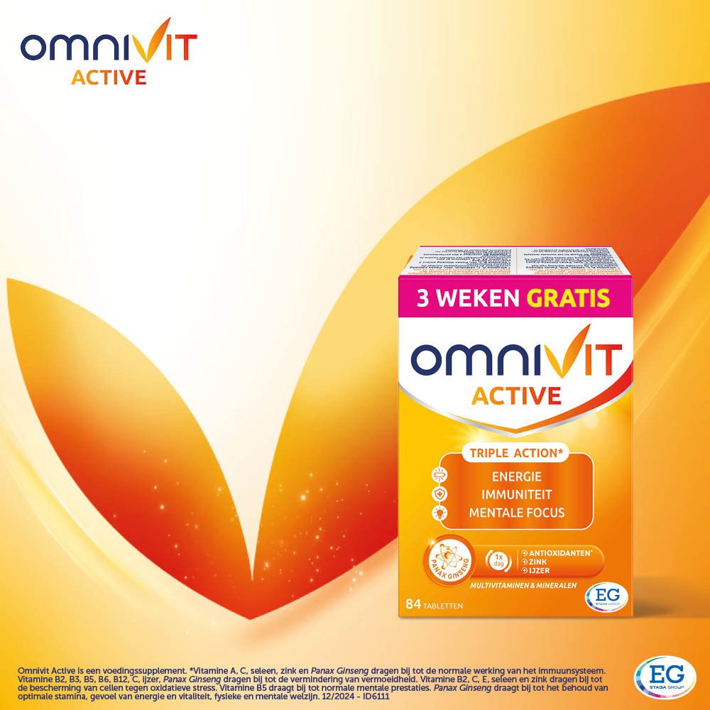 Omnivit Active doos, 84 tabletten. Opschrift: 3 weken gratis. Oranje-geel design met productinformatie.