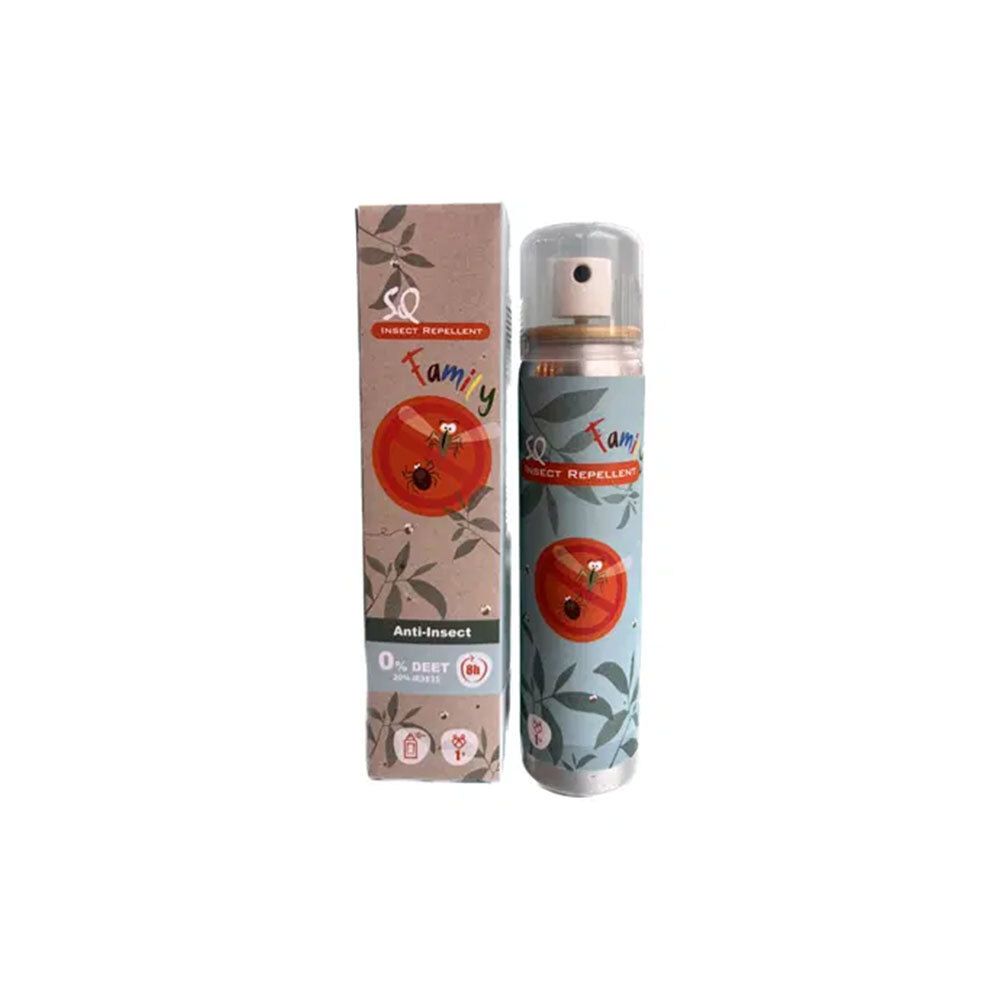 Flacon spray et emballage. Inscription : SQ INSECT REPELLENT, FAMILY, Anti-Insect, 0% DEET.