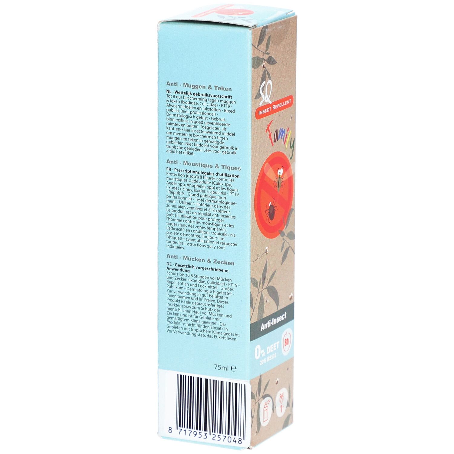 Emballage. Inscription : SQ INSECT REPELLENT, FAMILY, Anti-Insect, 0% DEET. Texte en allemand.