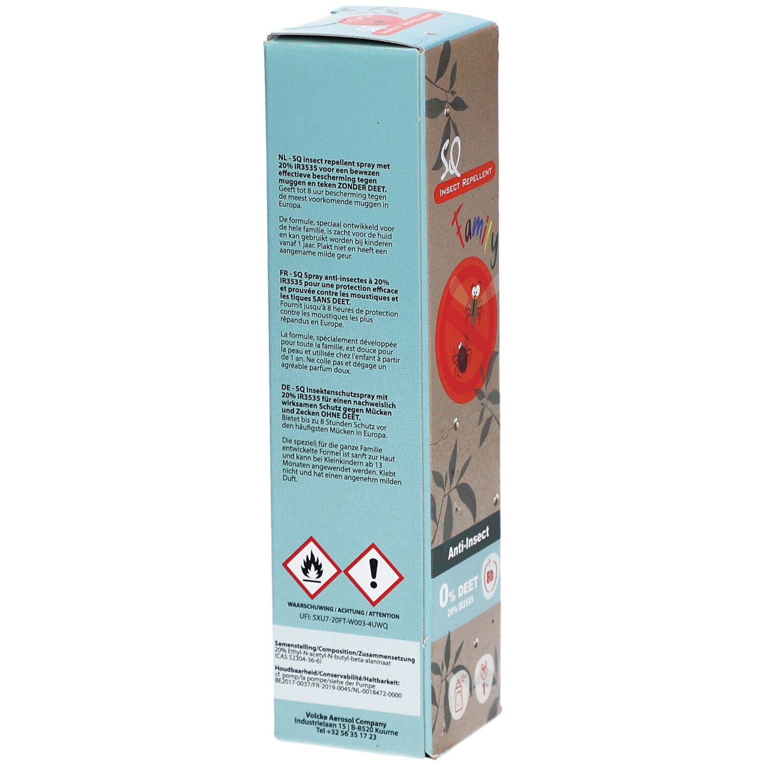 Emballage. Inscription : SQ INSECT REPELLENT, FAMILY, Anti-Insect, 0% DEET. Texte en néerlandais.