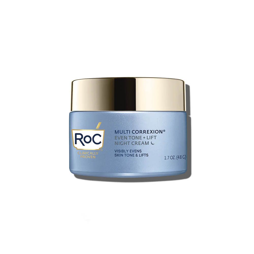 Blauwe pot met zilveren deksel. Opschrift: Roc, Multi Correxion, Even Tone + Lift, Night Cream, 1.7 oz (48 g).