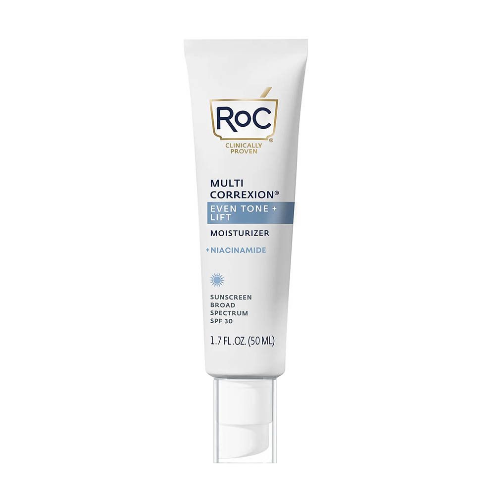 Tube met pomp. Opschrift: Roc Multi Correxion Even Tone+Lift Moisturizer + Niacinamide SPF30.