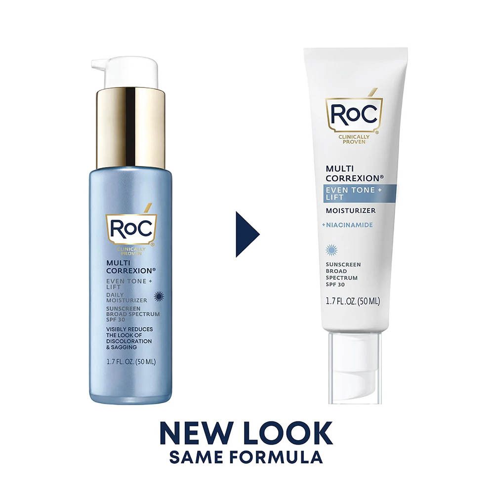 Vergelijking: fles en tube. Opschrift: Roc Multi Correxion Even Tone+Lift Moisturizer.