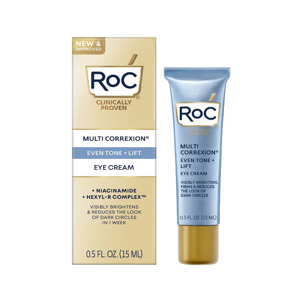 RoC Multi Correxion Even Tone + Lift oogcrème. Blauwe tube en verpakking. Merk en naam.