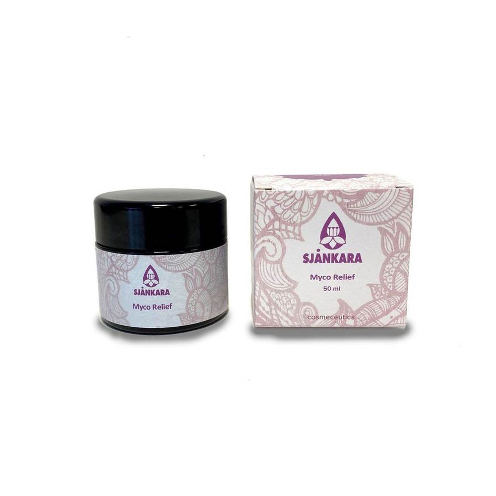 Pot de crème et boîte Sjankara Myco Relief. Pot avec couvercle noir, boîte avec motif floral.