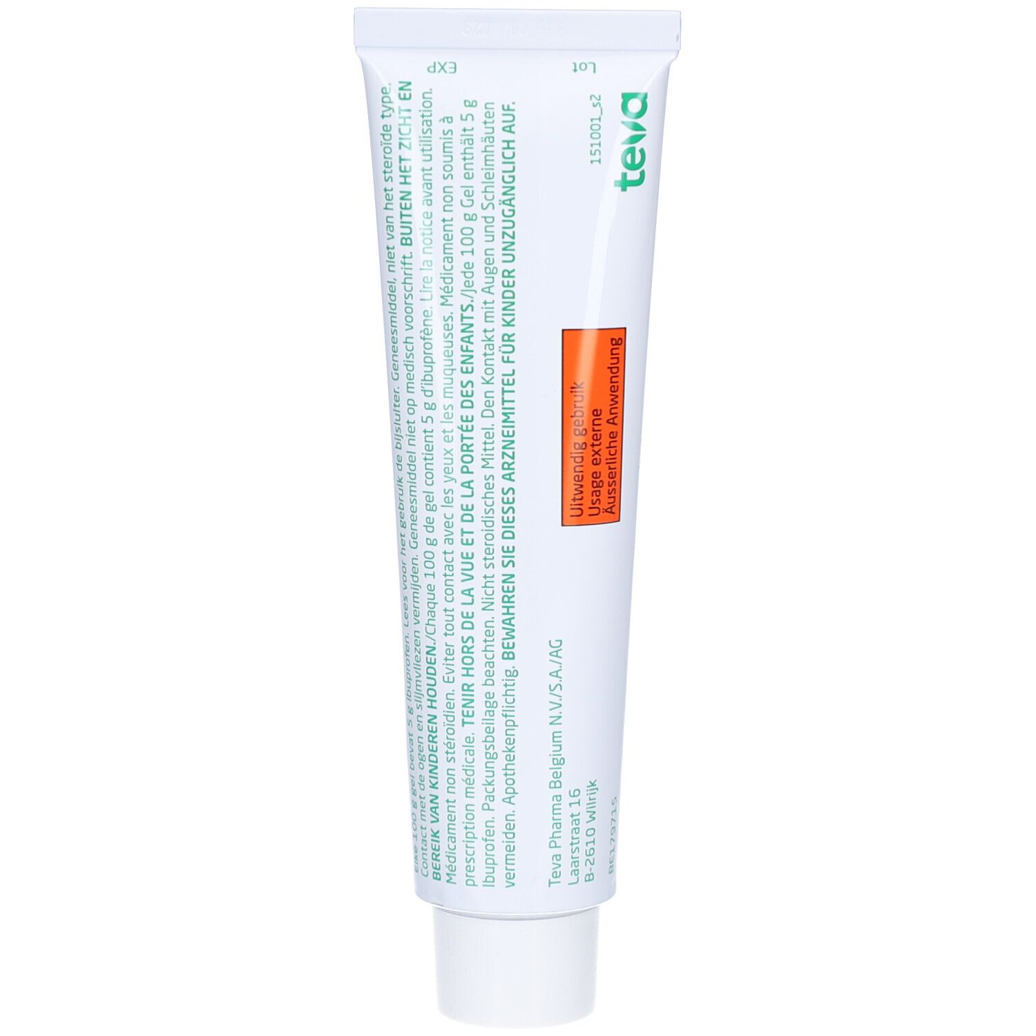 Dos du tube de gel Ibuprofen Teva 5%. Texte et avertissements. Zone orange avec texte: Usage externe/Application externe.