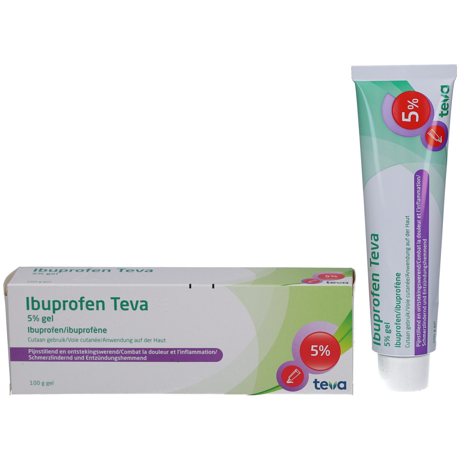 Boîte et tube de gel Ibuprofen Teva 5%. Boîte avec texte: Ibuprofen Teva, 5% Gel. Tube avec cercle rouge et 5%.