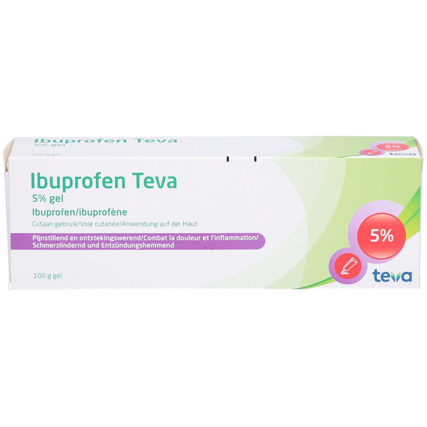 Boîte Ibuprofen Teva 5% Gel. Boîte blanche et verte avec texte: Ibuprofen Teva, 5% Gel. Cercle rouge avec 5%.