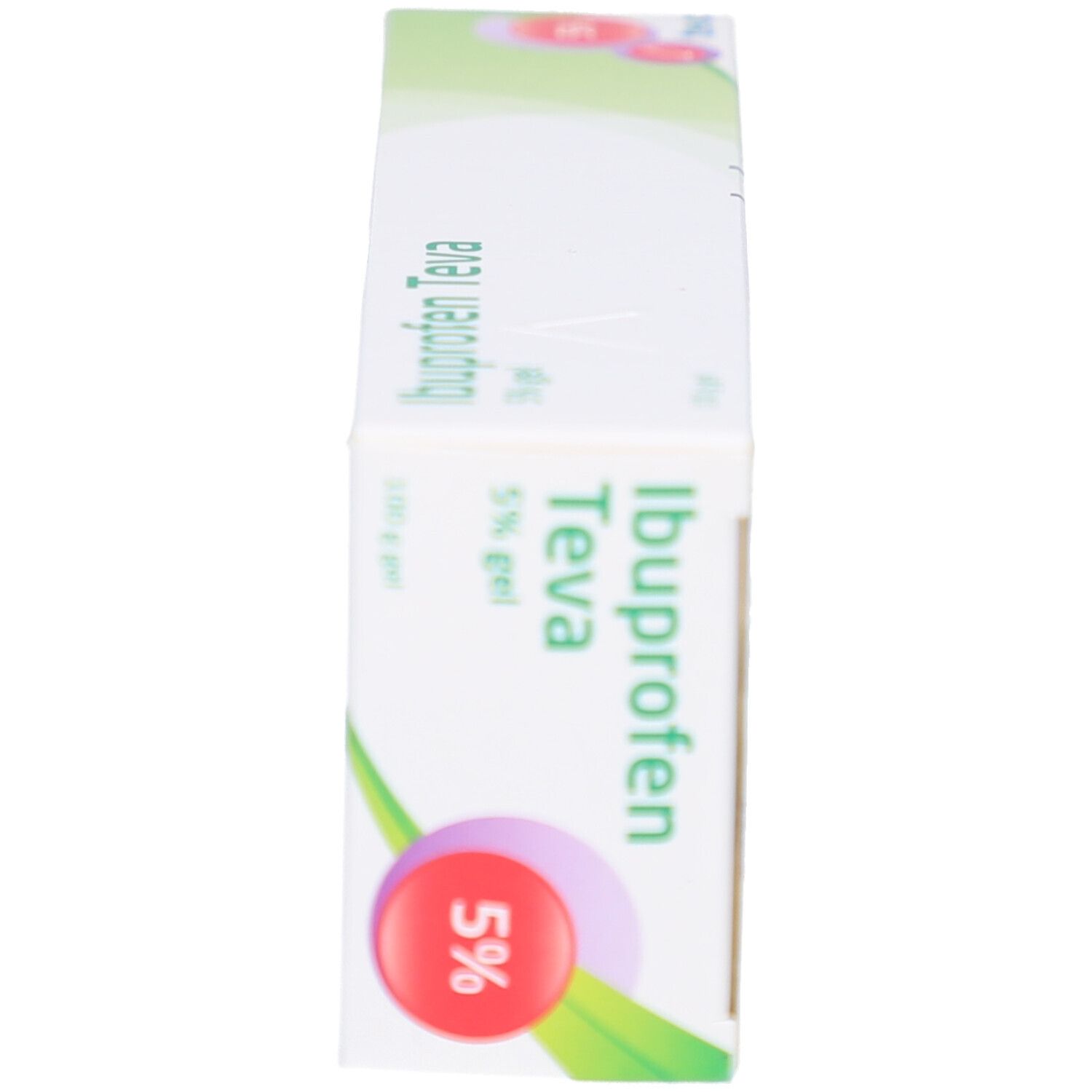 Vue latérale de la boîte Ibuprofen Teva 5% Gel. Texte: Ibuprofen Teva, 5% Gel. Cercle rouge avec 5%.