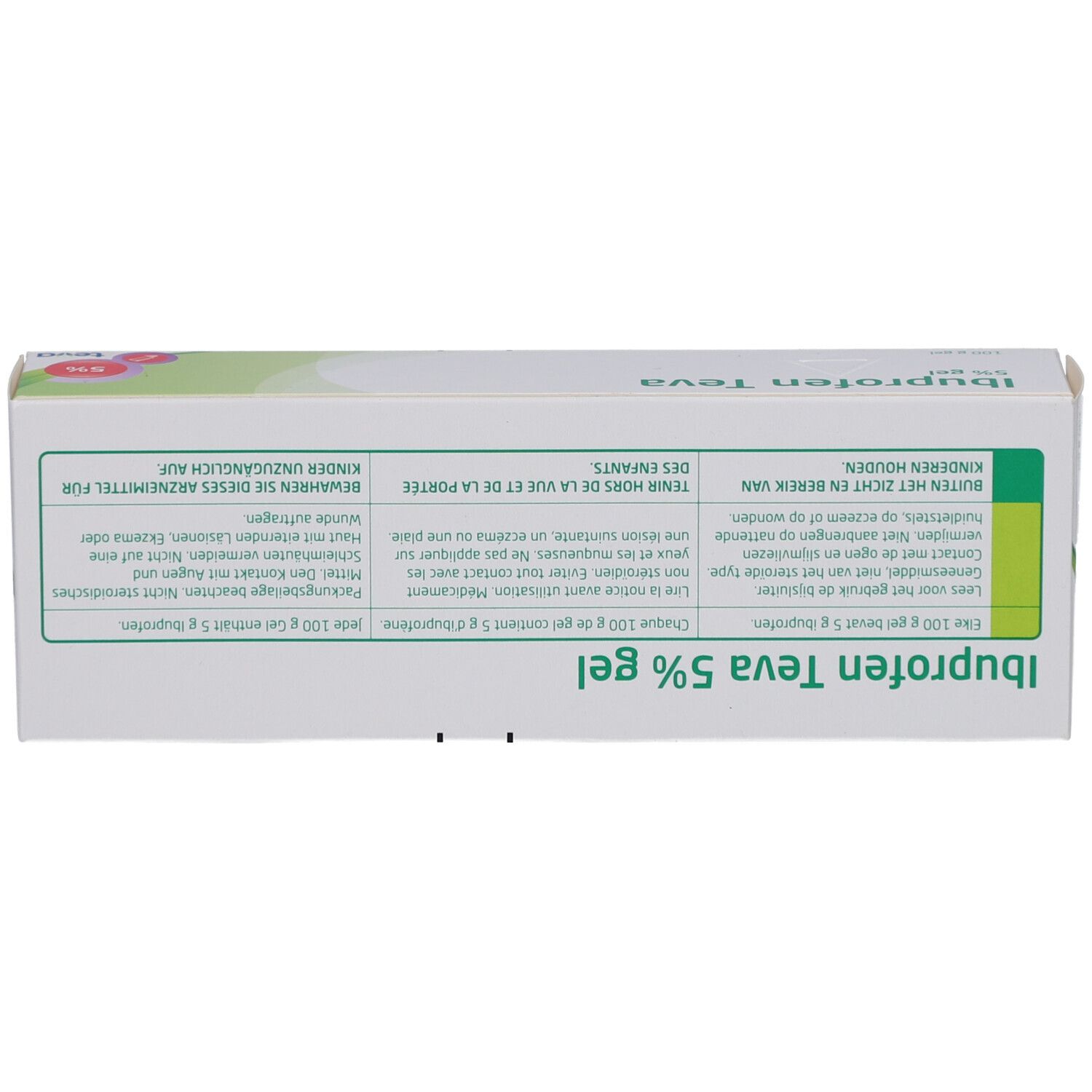 Dos de la boîte Ibuprofen Teva 5% Gel. Texte et avertissements. Texte: Tenir hors de la vue et de la portée des enfants.