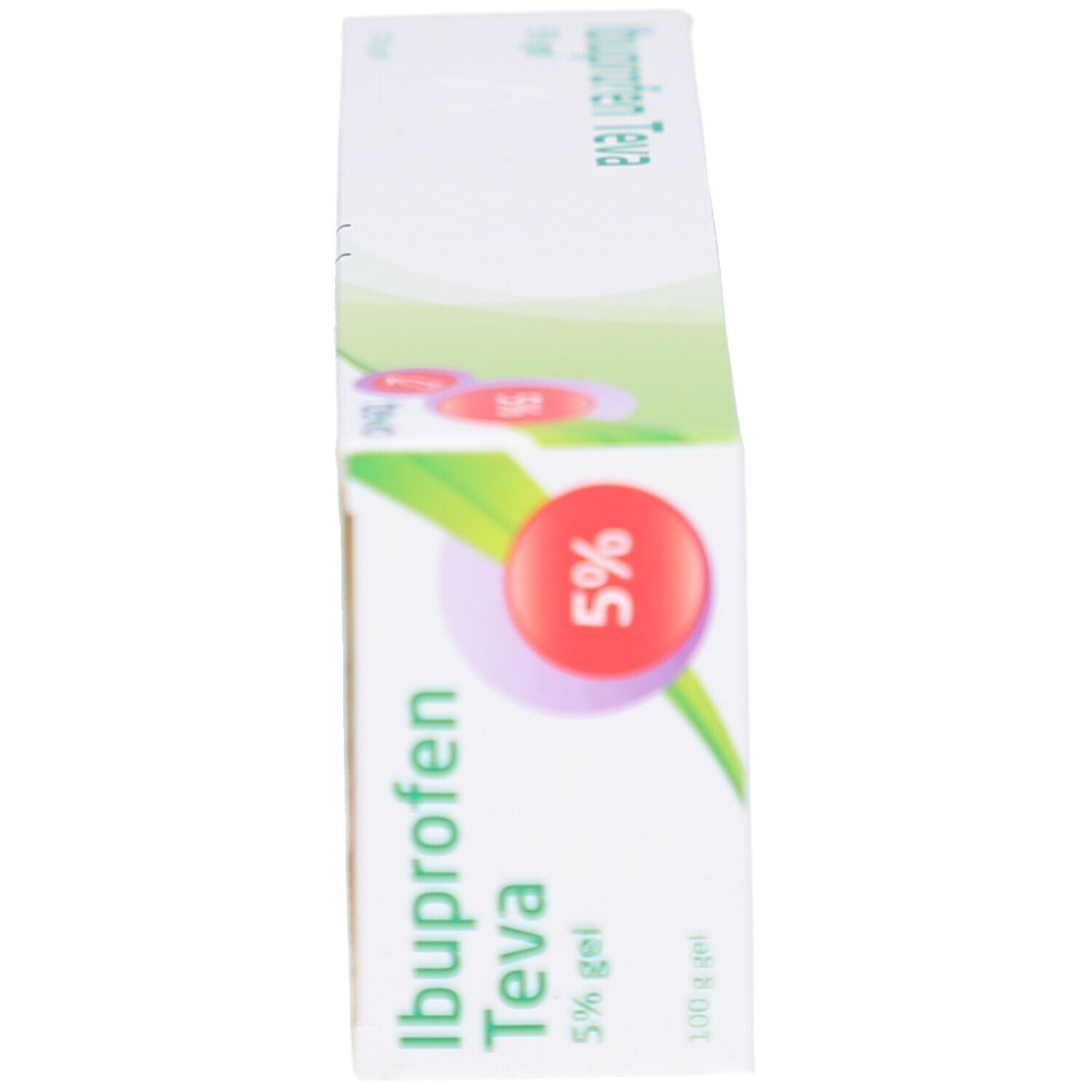 Vue latérale de la boîte Ibuprofen Teva 5% Gel. Texte: Ibuprofen Teva, 5% Gel. Cercle rouge avec 5%.