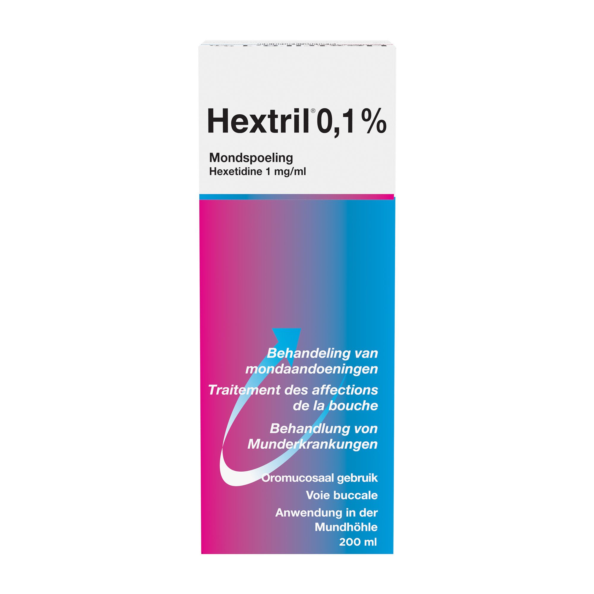 Emballage. Texte: Hextril 0,1% Solution pour bain de bouche.