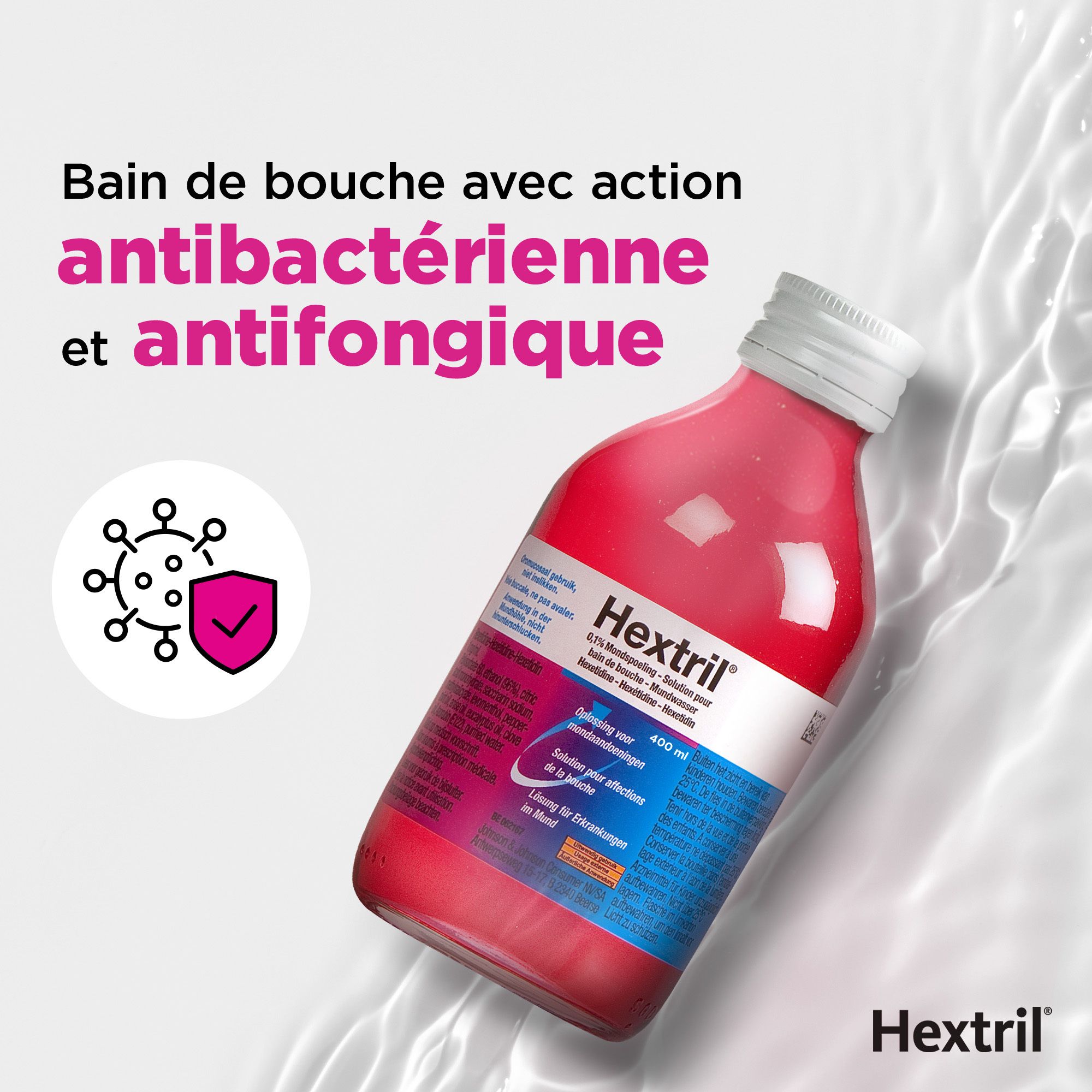 Image du produit avec flacon. Texte: Bain de bouche avec action antibactérienne.