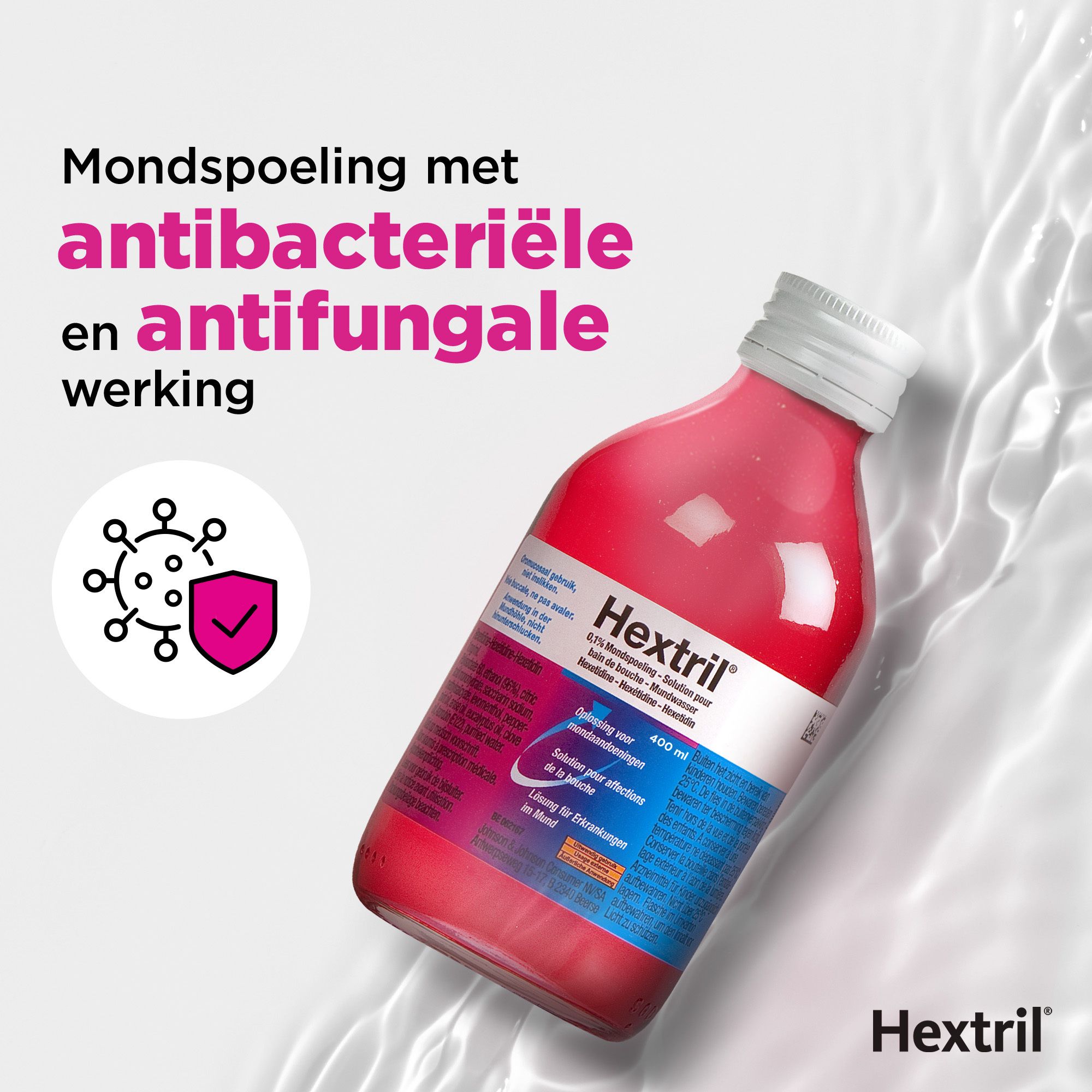 Productafbeelding met fles. Tekst: Mondspoeling met antibacteriële werking.