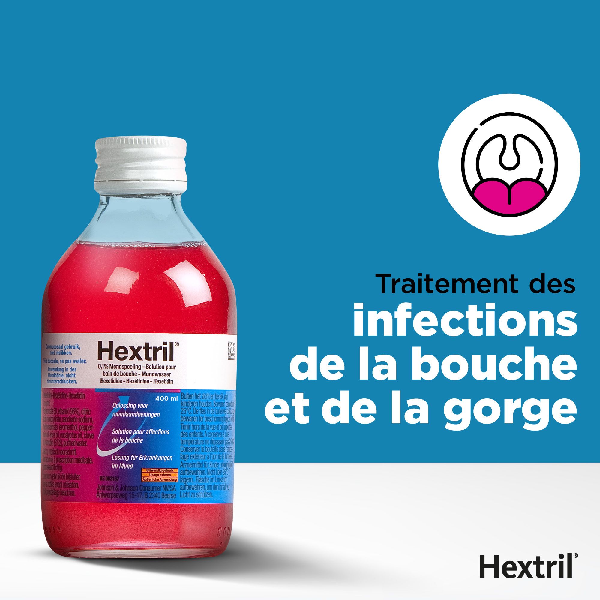 Image du produit avec flacon. Texte: Traitement des infections de la bouche.