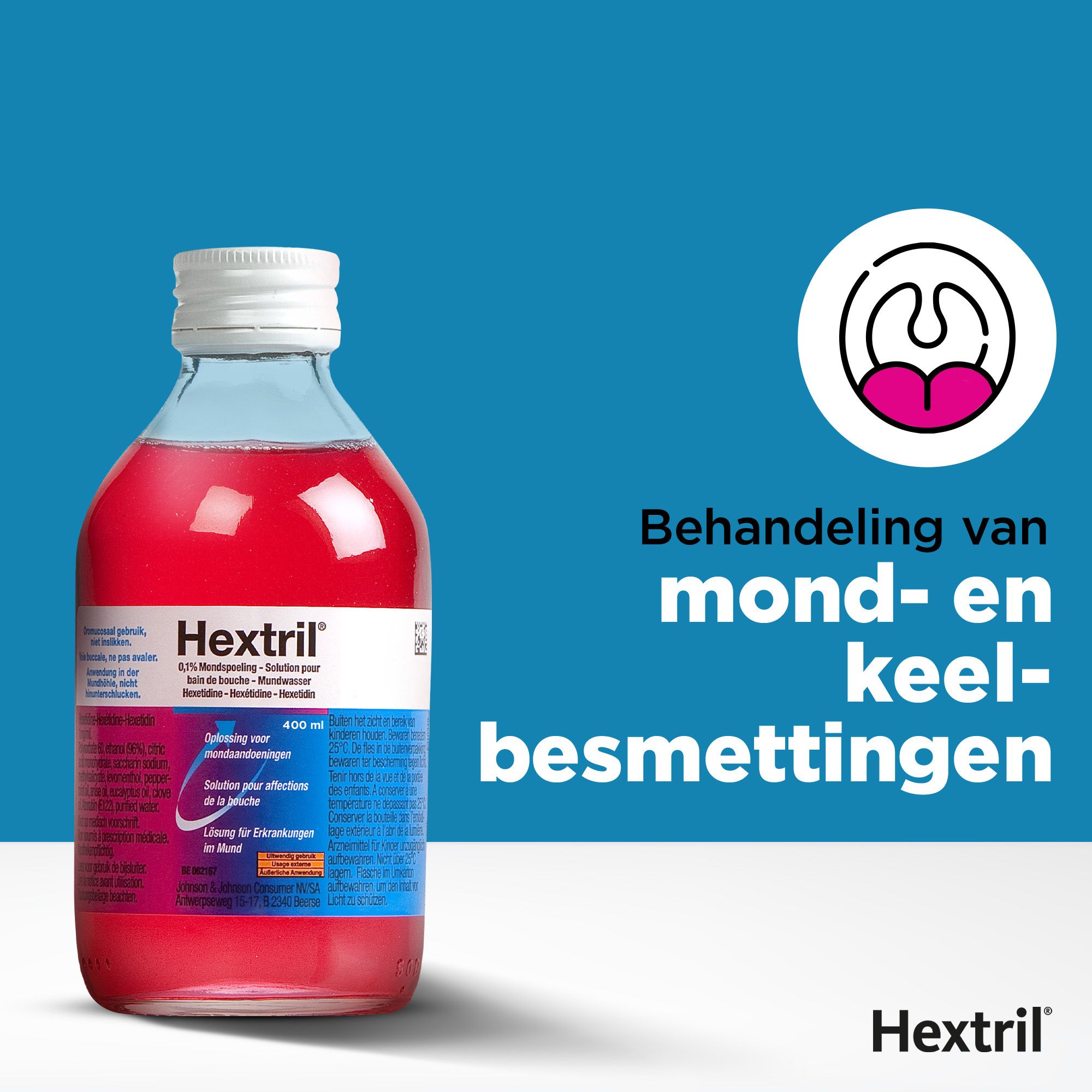 Productafbeelding met fles. Tekst: Behandeling van mond- en keelbesmettingen.