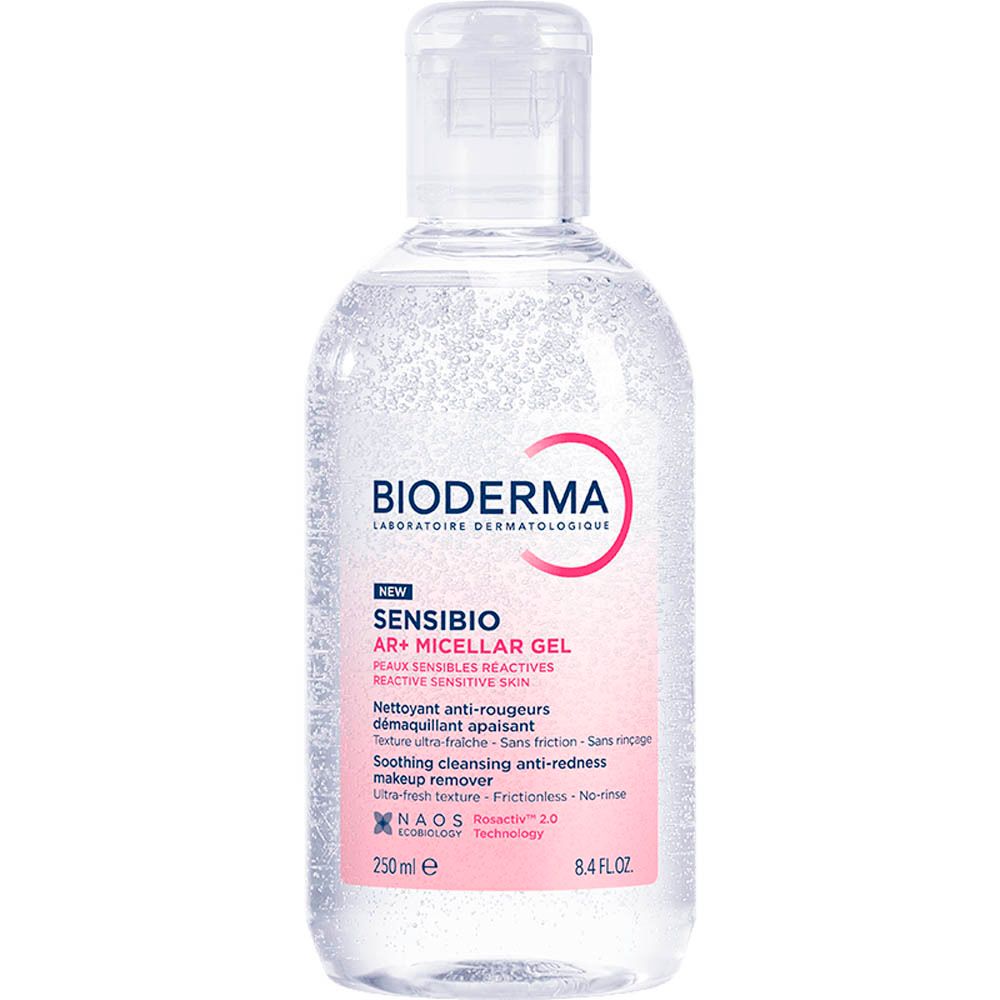 Bioderma Sensibio AR+ Micellaire Gel fles. Roze etiket met tekst. Witte dop.