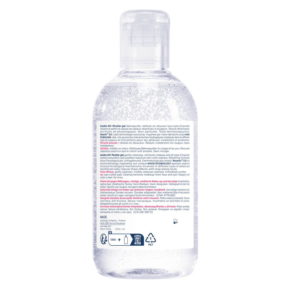 Dos du flacon Bioderma Sensibio AR+ Gel Micellaire. Texte et logos sur fond blanc.