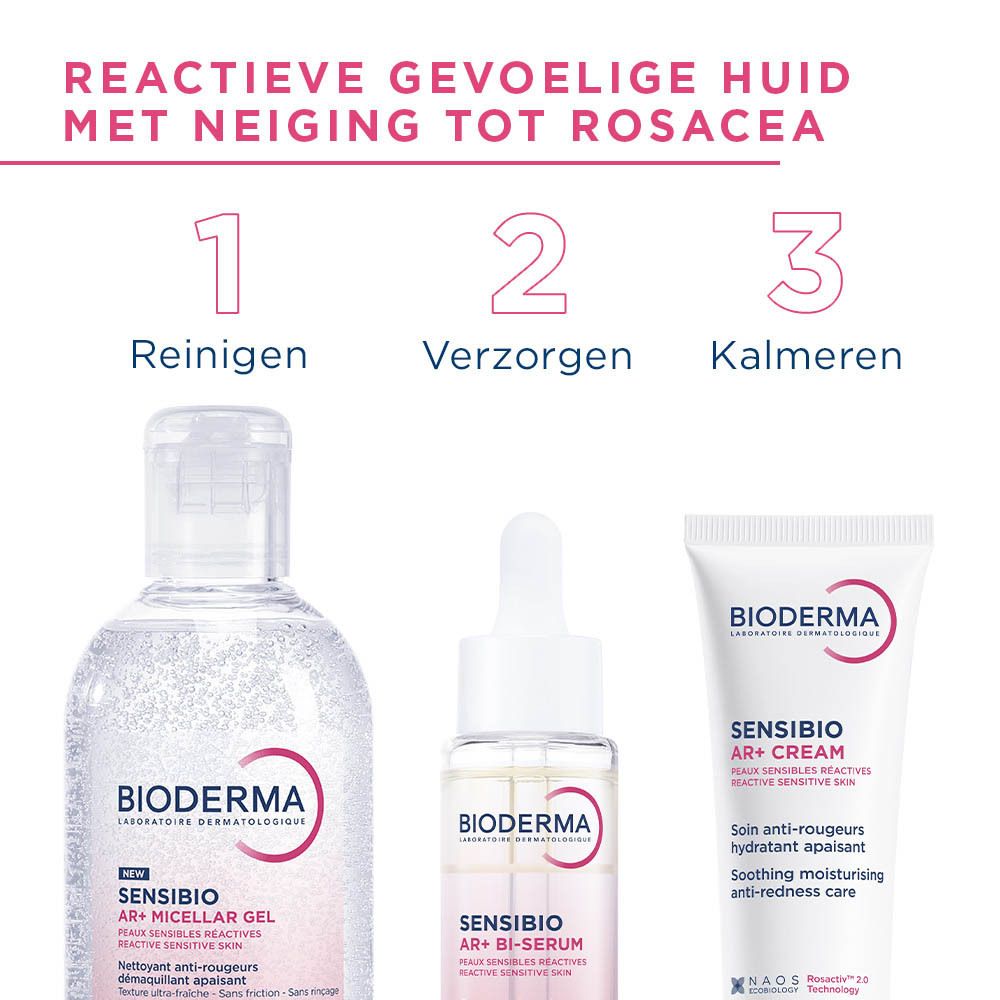 Drie producten: Bioderma Sensibio AR+ Micellaire Gel, serum, crème. Tekst: Reactieve gevoelige huid.