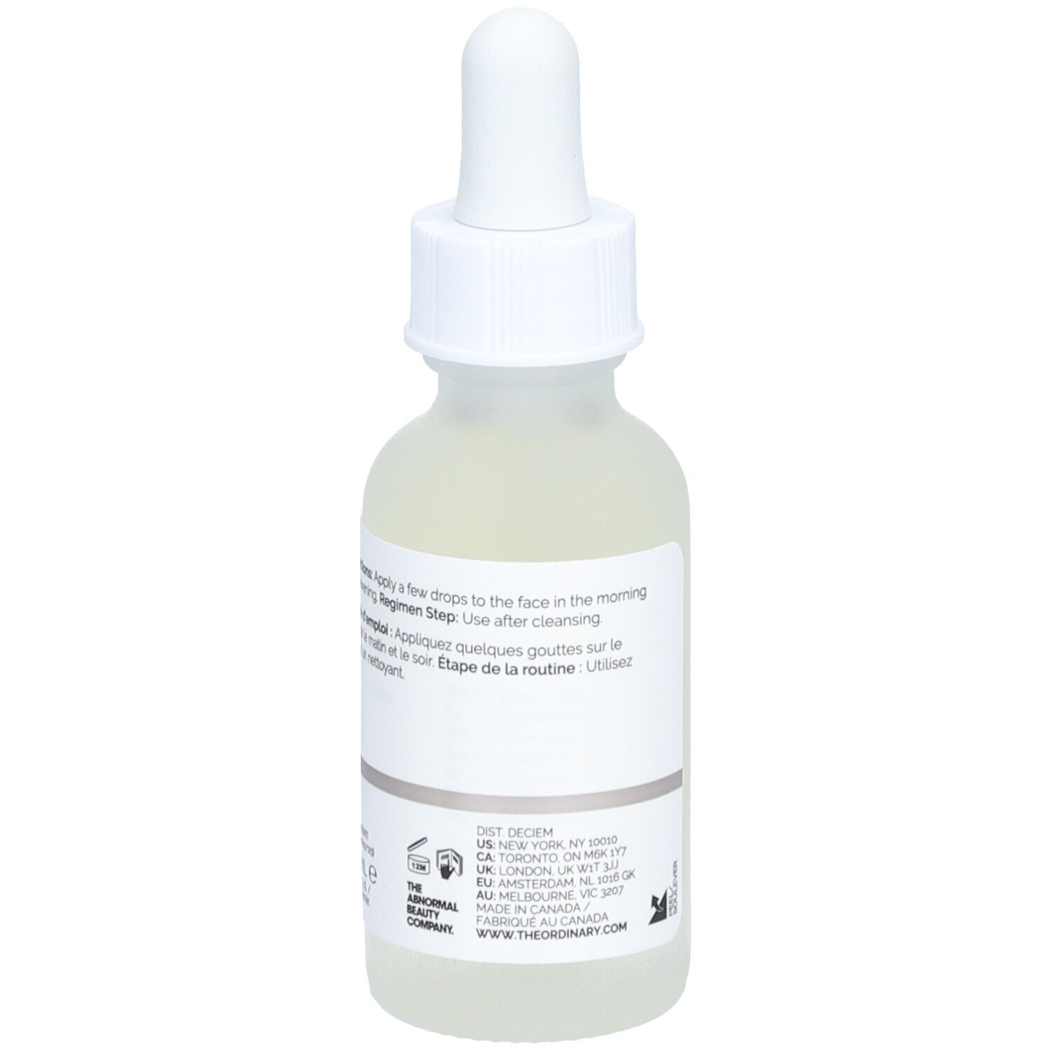 Arrière du flacon de sérum The Ordinary Hyaluronic Acid 2% + B5 avec instructions d'utilisation.