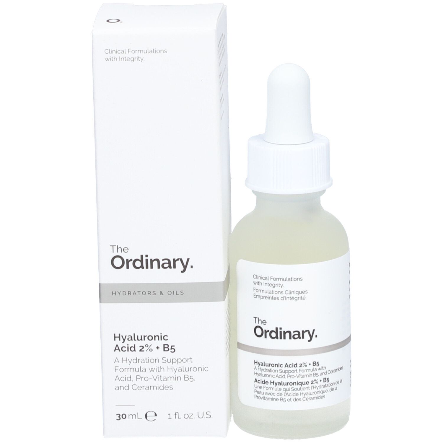 Flacon de sérum The Ordinary Hyaluronic Acid 2% + B5 et sa boîte.