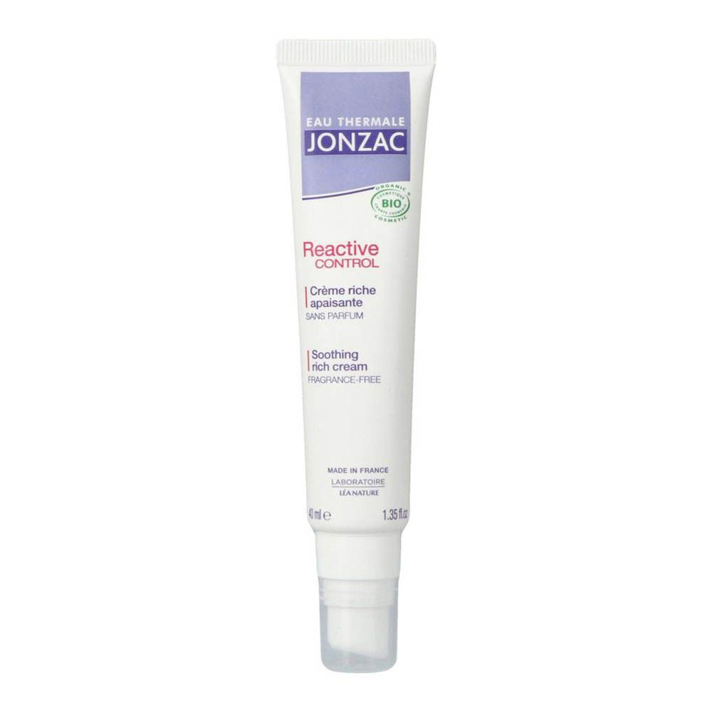 Tube Jonzac Reactive Control Crème Riche. Tekst: parfumvrij, voor gevoelige huid. Met doseerpomp.