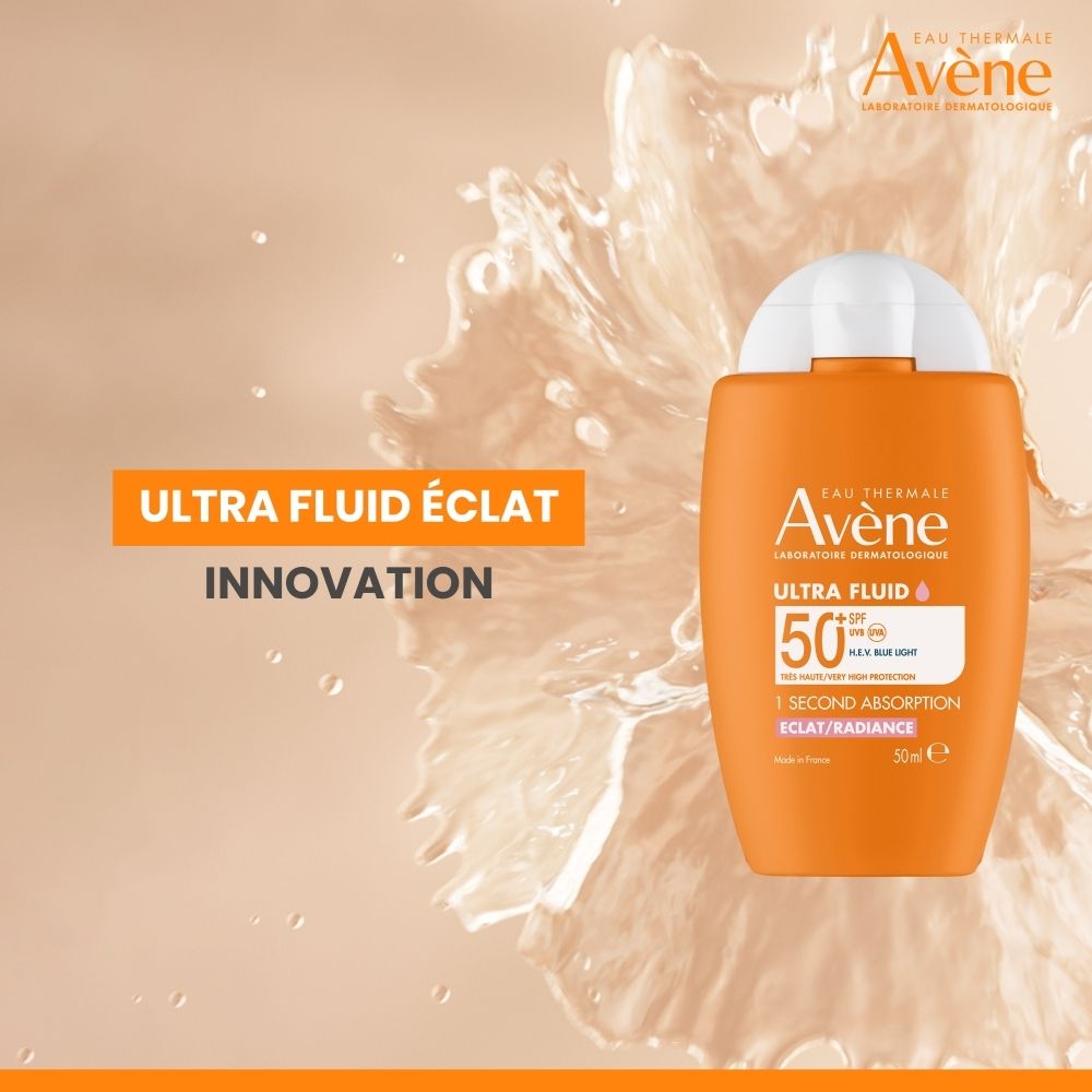 Produit et emballage. Boîte et flacon orange. Texte : Avène, Ultra Fluid 50+ SPF, 50 ml.