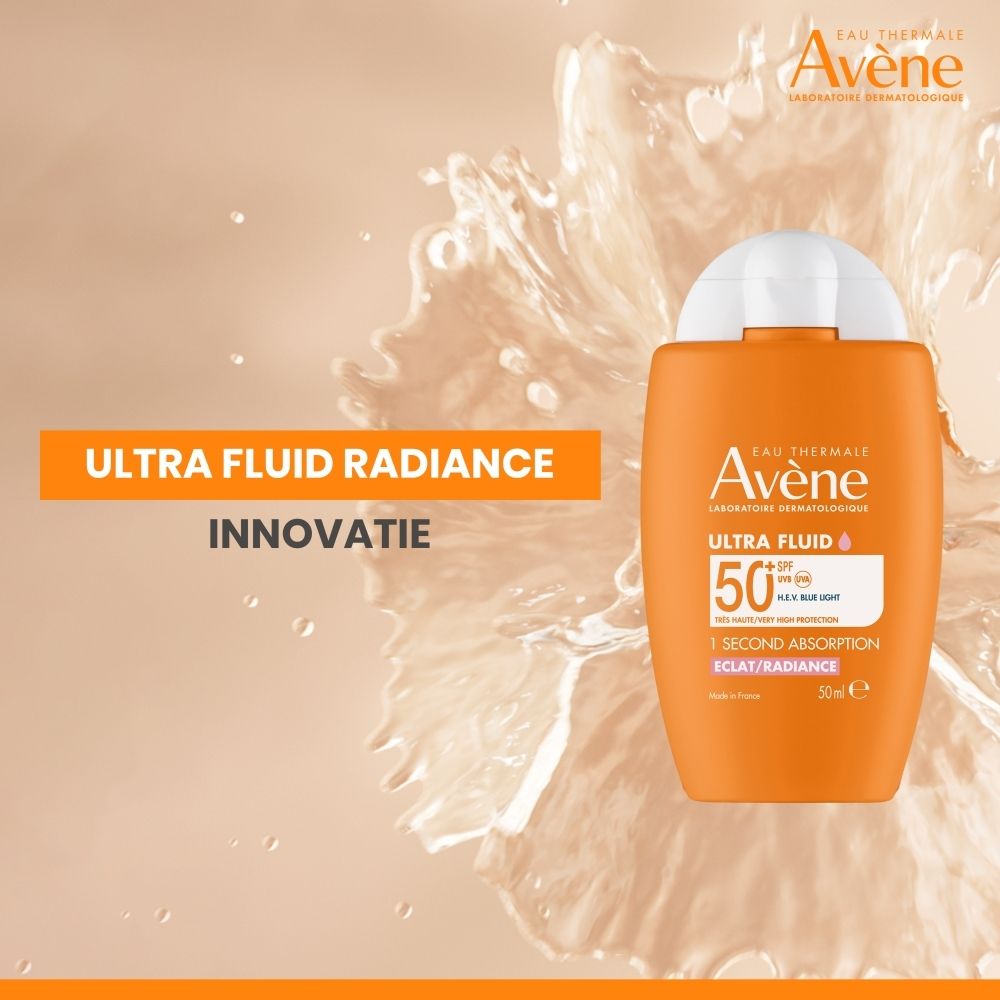 Product en verpakking. Oranje doos en fles. Tekst: Avène, Ultra Fluid 50+ SPF, 50 ml.