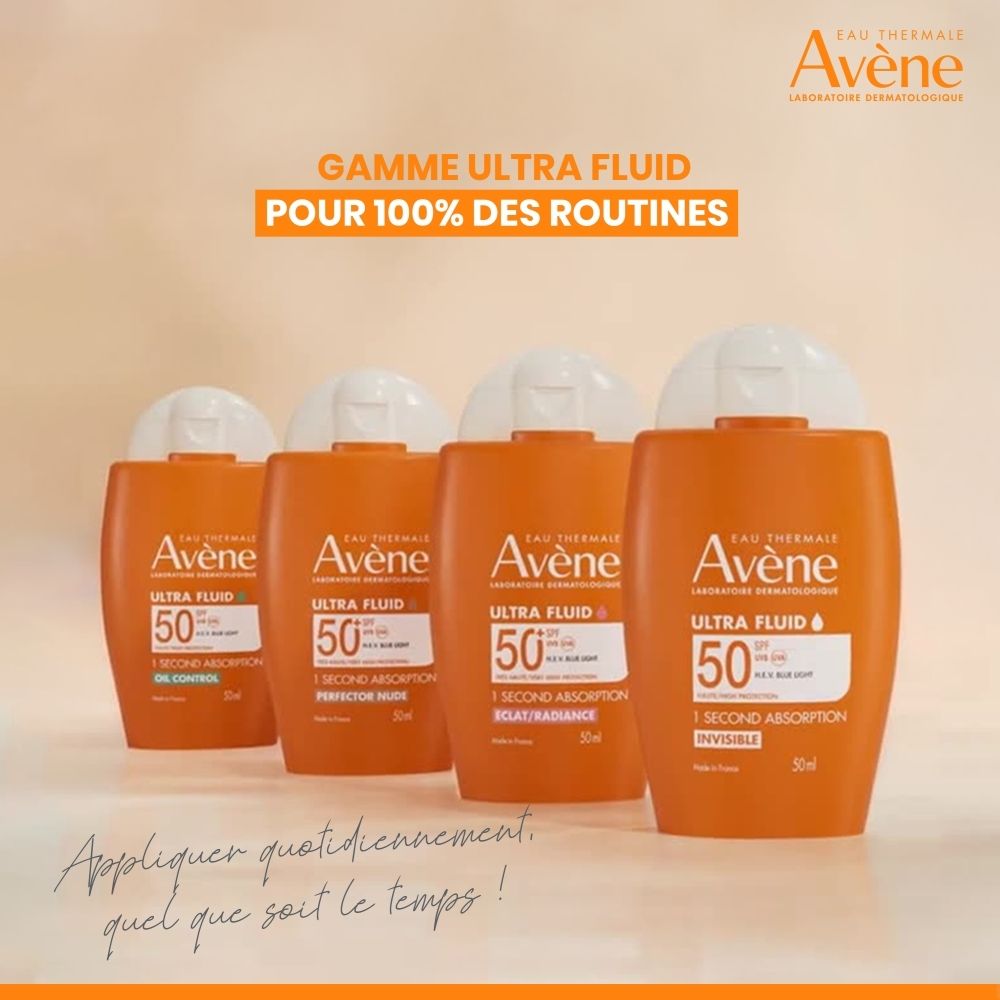 Flacon orange avec bouchon blanc. Texte : Avène, Ultra Fluid 50+ SPF, 1 seconde absorption, Eclat/Radiance. 50 ml.