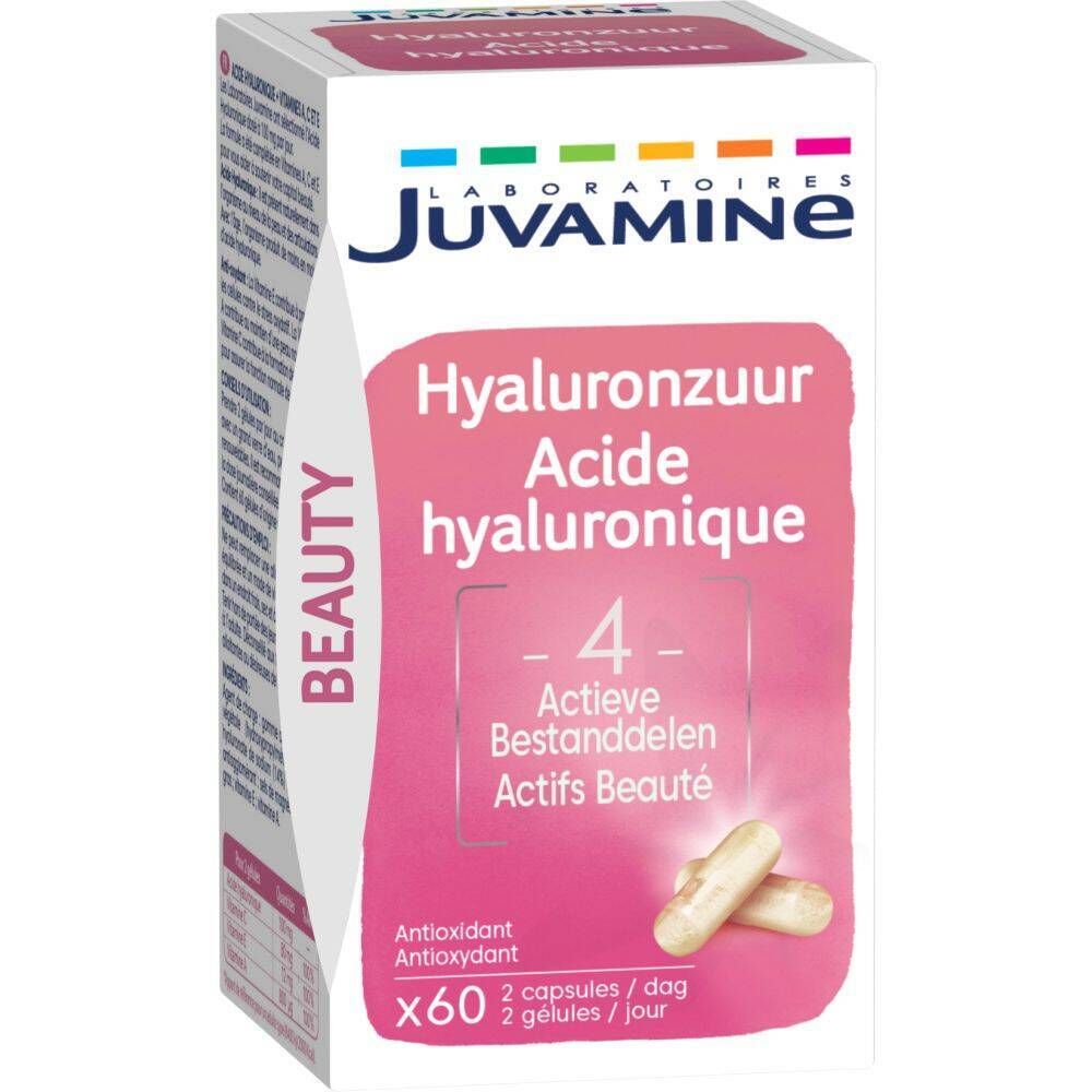 Boîte de gélules. Inscription: Juvamine, Acide hyaluronique, 4 actifs. Deux gélules sont visibles.