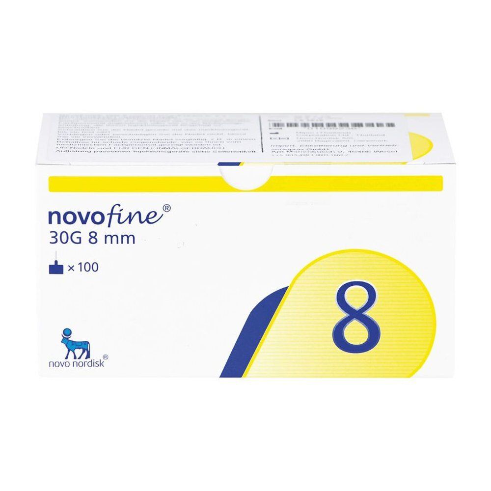 Achterkant van de doos Novofine Aiguilles 30G 8 mm. Meertalige tekst.