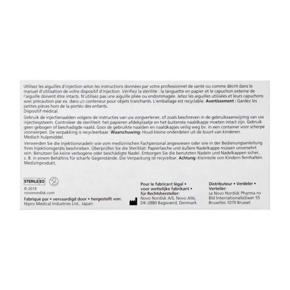 Achterkant van de doos Novofine Aiguilles 30G 8 mm. Meertalige tekst.