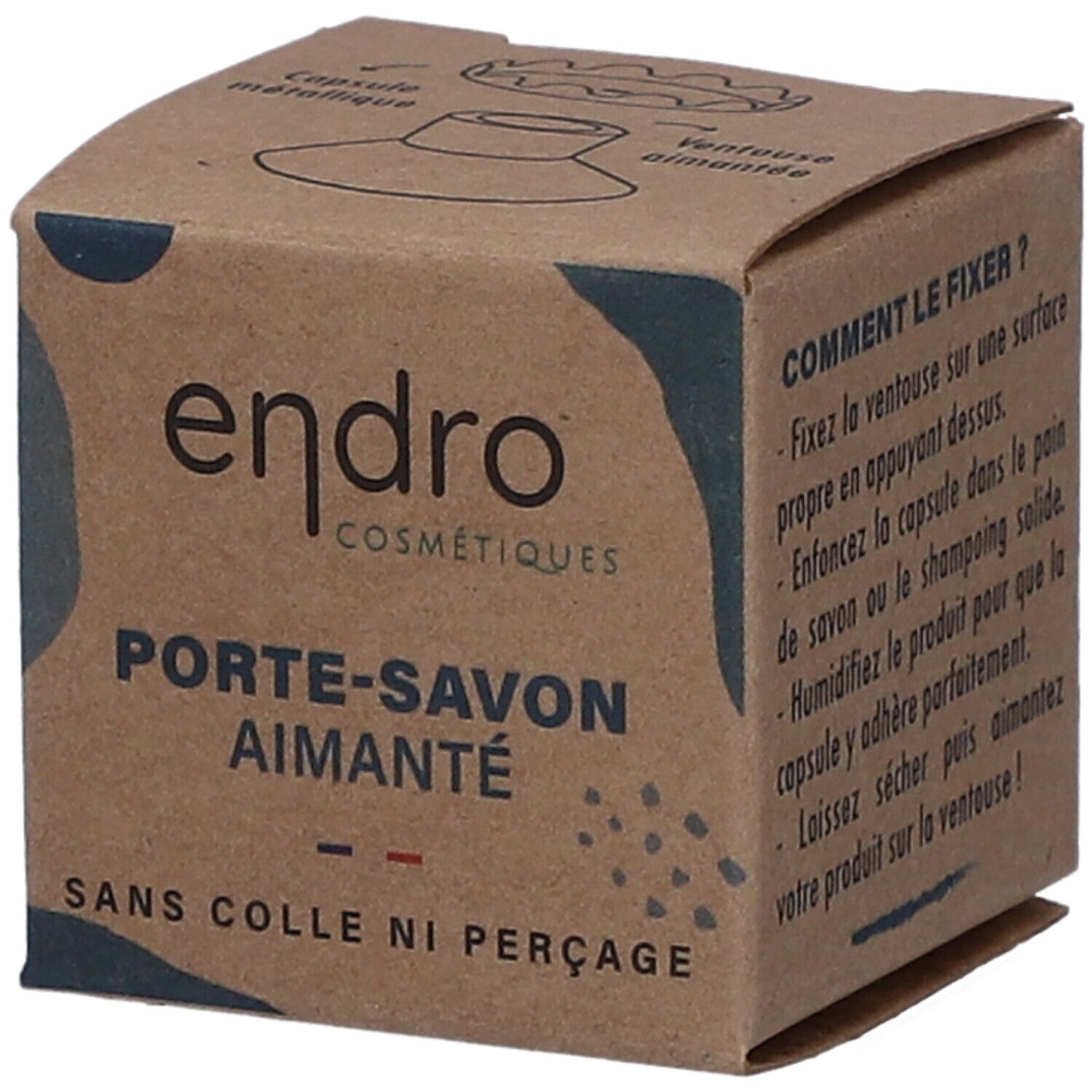 Kartonnen doos van de Endro Magnetische Zeephouder. Opschrift: Porte-Savon Aimanté. Zonder lijm of boren.