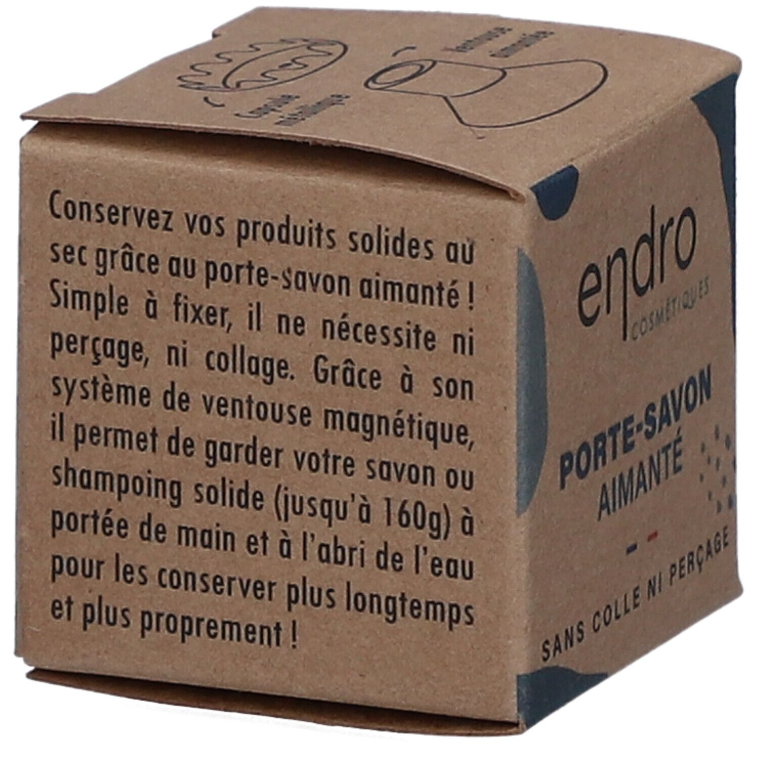 Kartonnen doos van de Endro Magnetische Zeephouder. Tekst: Bewaar uw vaste producten droog dankzij de magnetische zeephouder.