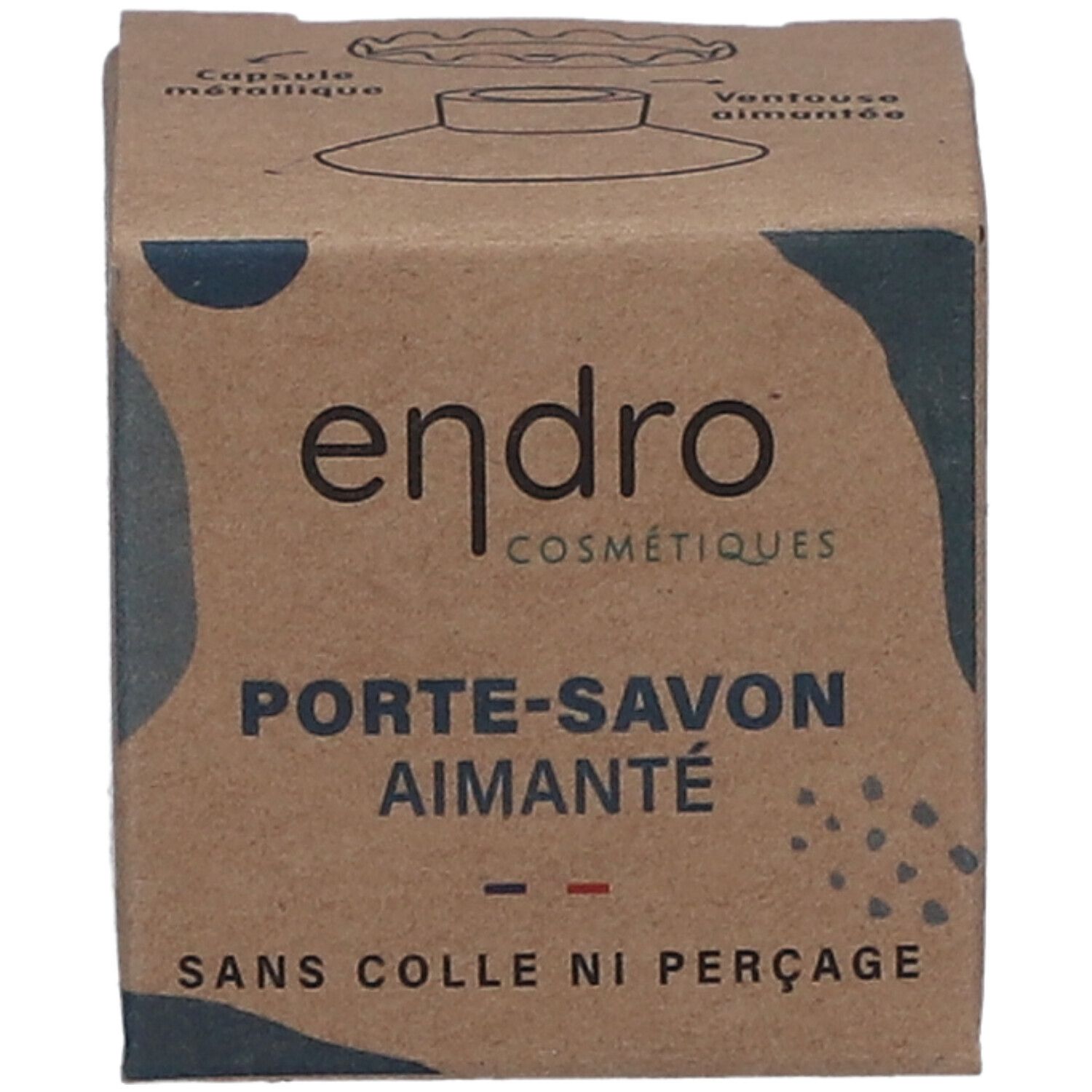 Kartonnen doos van de Endro Magnetische Zeephouder. Opschrift: Porte-Savon Aimanté. Zonder lijm of boren. Endro-logo.